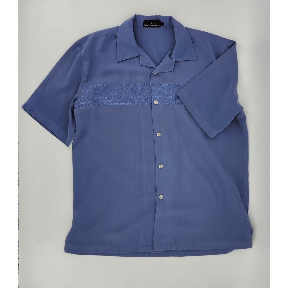 Stacy Adams‎ Mens Blue Short Sleeve Embroidered Camp Collar Button Down Shirt L